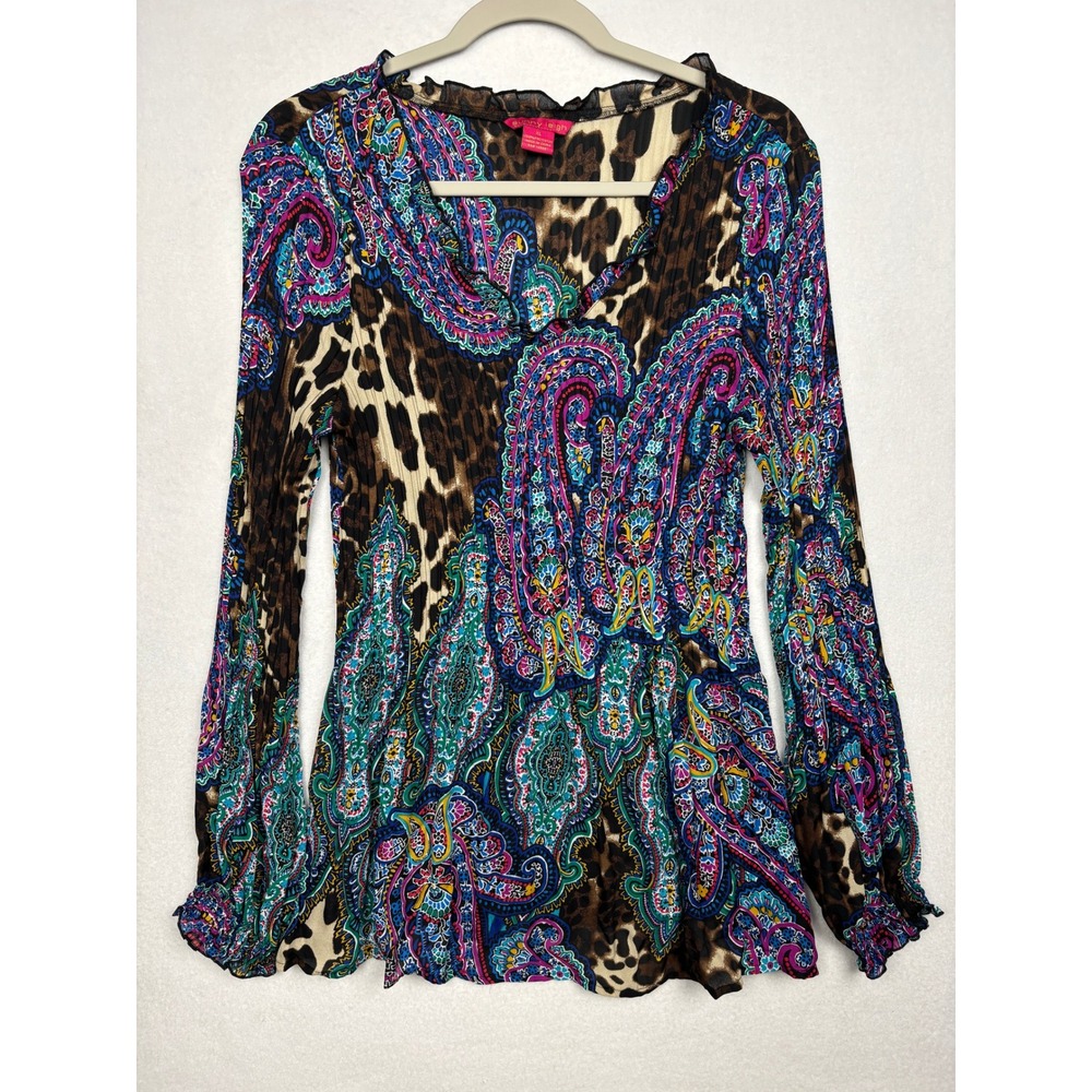 Sunny Leigh Paisley Animal Print Blouse Womens XL Pleated V-Neck Long Sleeve